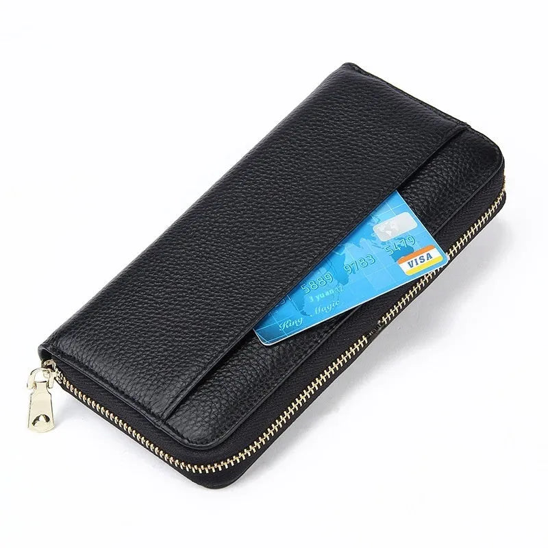 Women's genuine leather long wallet in multiple colours showing interior card slots and anti-theft protection