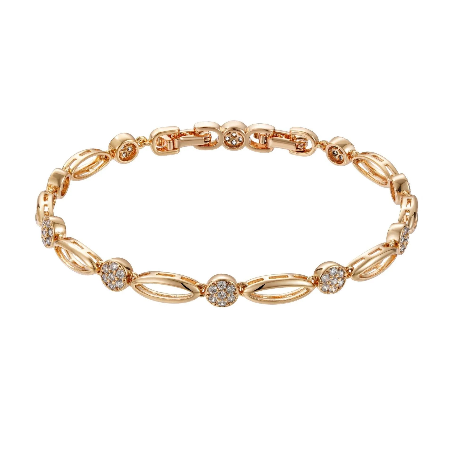 Golden copper hollow carved U-shaped bracelet for women on a plain background.
