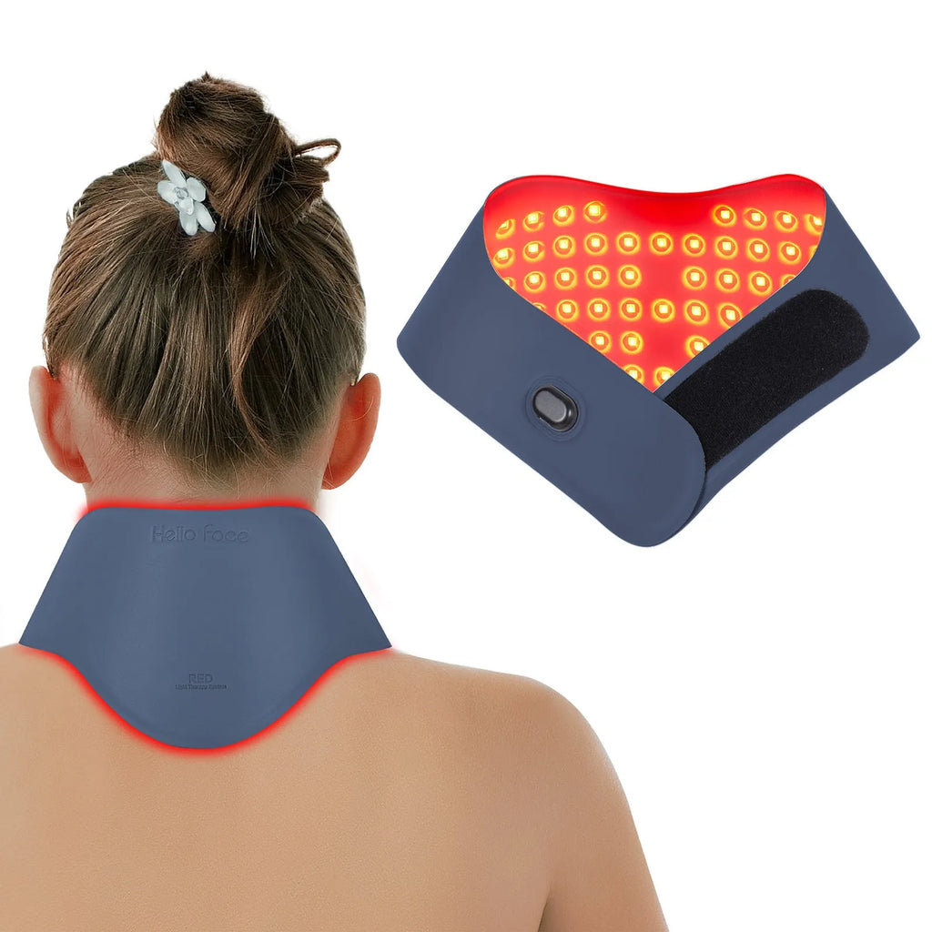 Dark sky blue and lime red light therapy neck mask for hot compress and pulse massage on cervical vertebra.