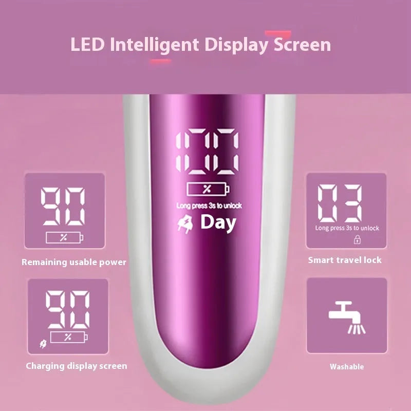 Pink three-in-one ladies electric depilator set with USB cable, shaver head, plucking head, foot grinder, and cleaning brush on a white background