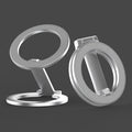 Full metal desktop stand with fastened ring bracket for phone or tablet, shown in black or silver.