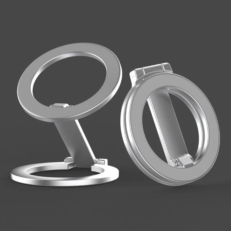 Full metal desktop stand with fastened ring bracket for phone or tablet, shown in black or silver.