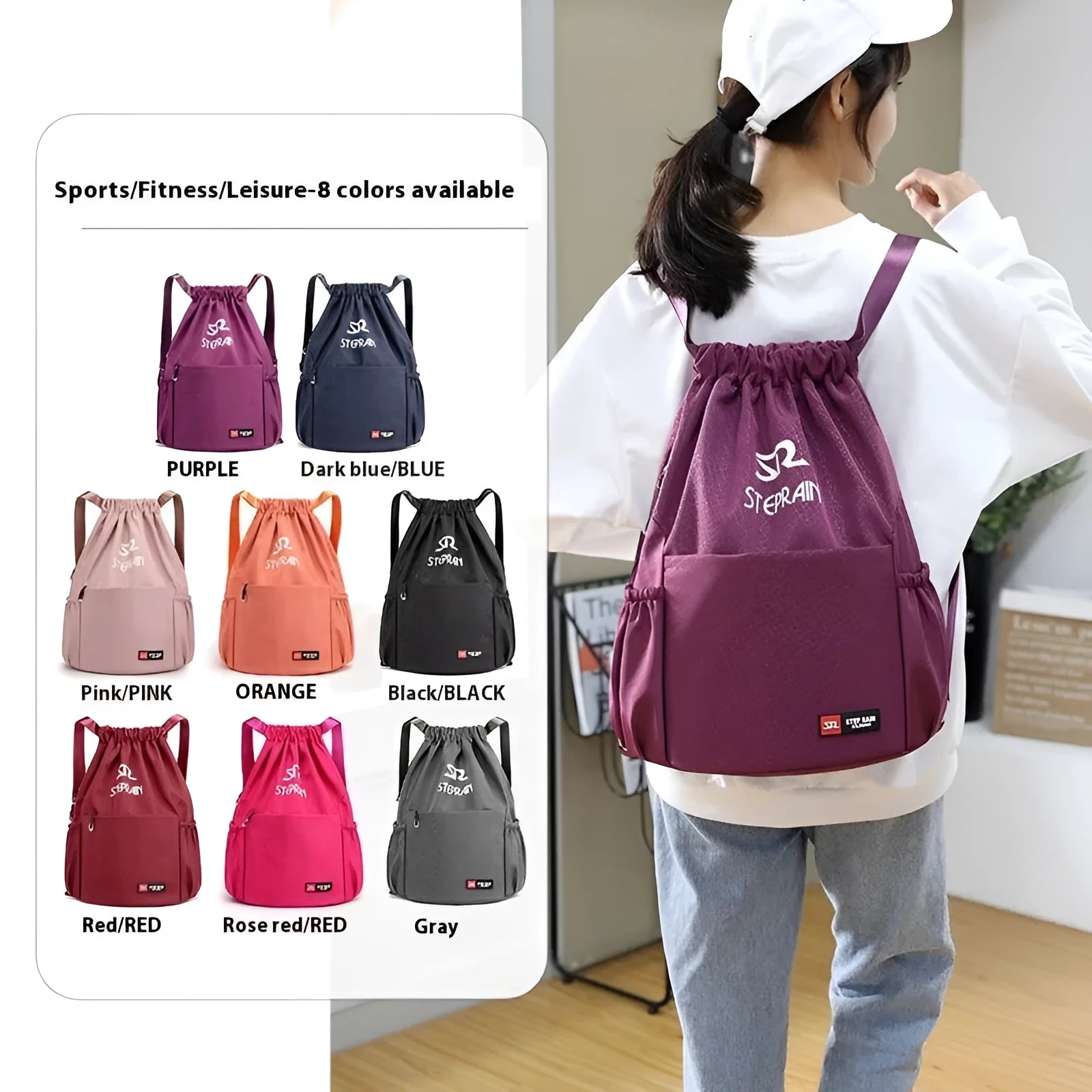 Lightweight Oxford cloth drawstring backpack in solid colour with water pillow shoulder straps