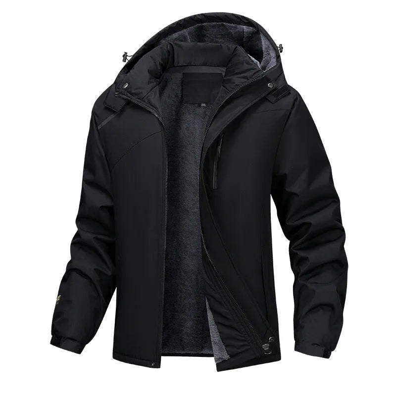 Men's waterproof loose fit hooded coat in plus sizes with army green, black, dark grey, and white colour options