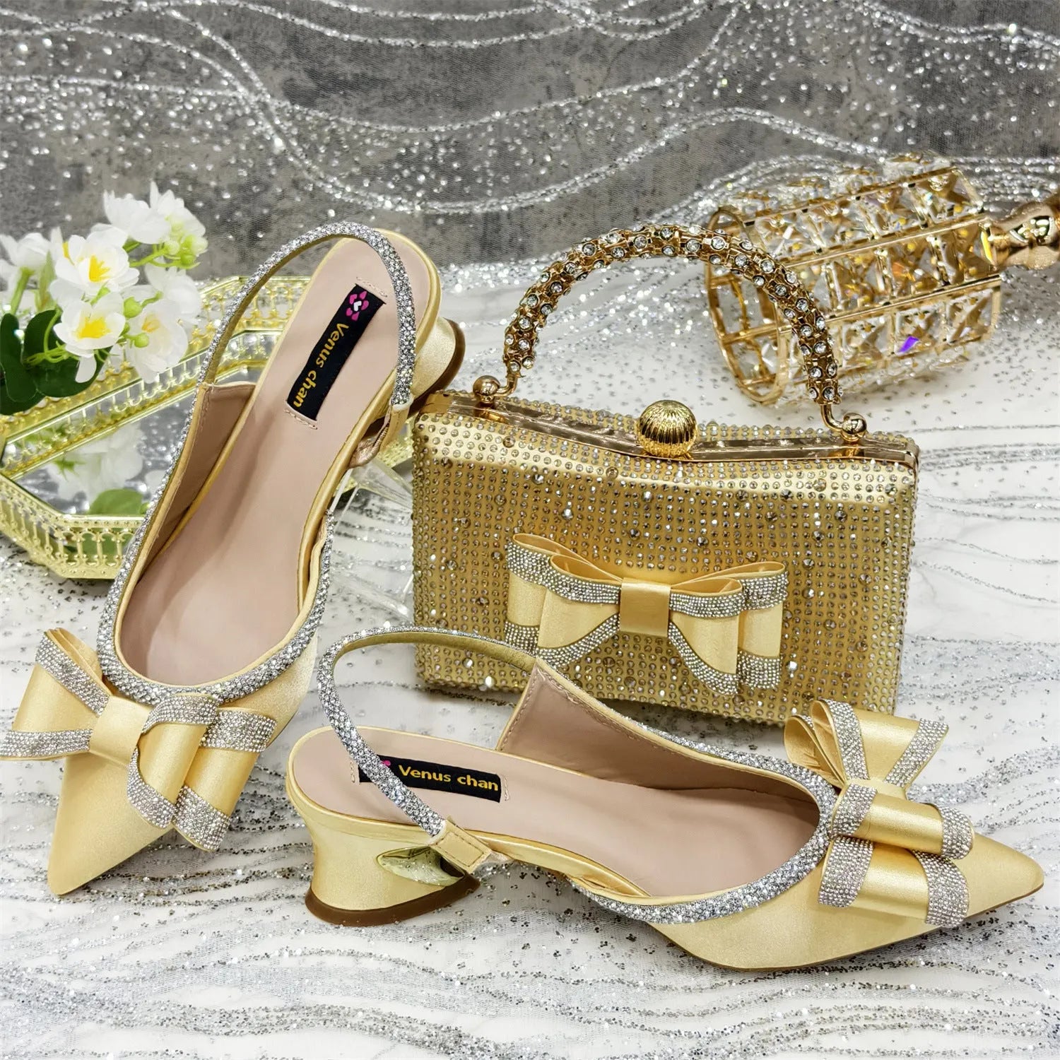 Women's pointed toe sandals with square buckle and matching rhinestone bag set on mid heel