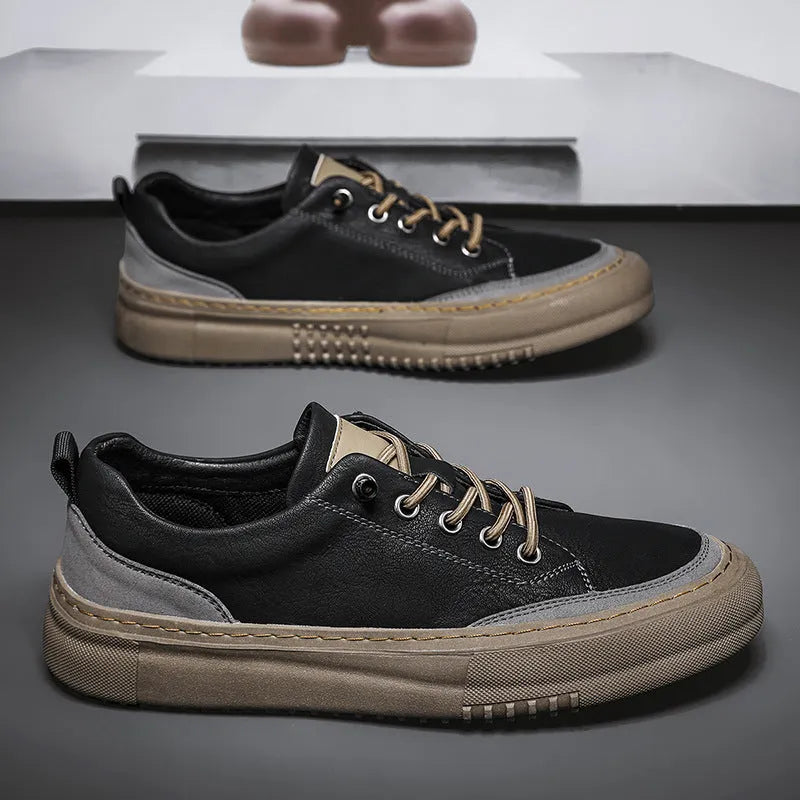 Men's black round toe lace-up casual shoes with a microfiber upper and flat rubber sole.