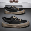 Men's black round toe lace-up casual shoes with a microfiber upper and flat rubber sole.