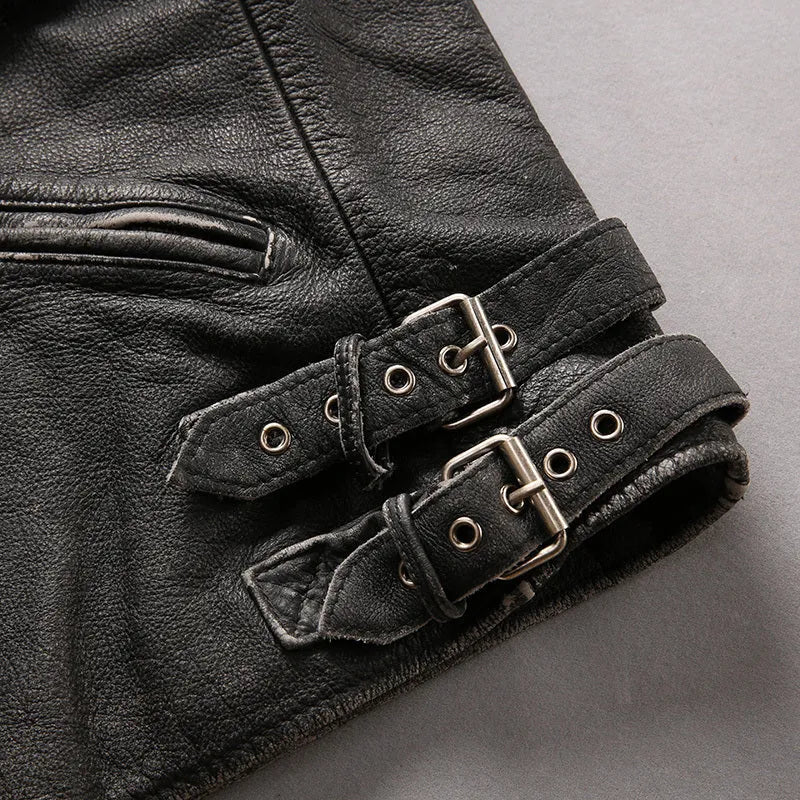 Men's distressed stand collar cropped slim leather jacket in black cowhide