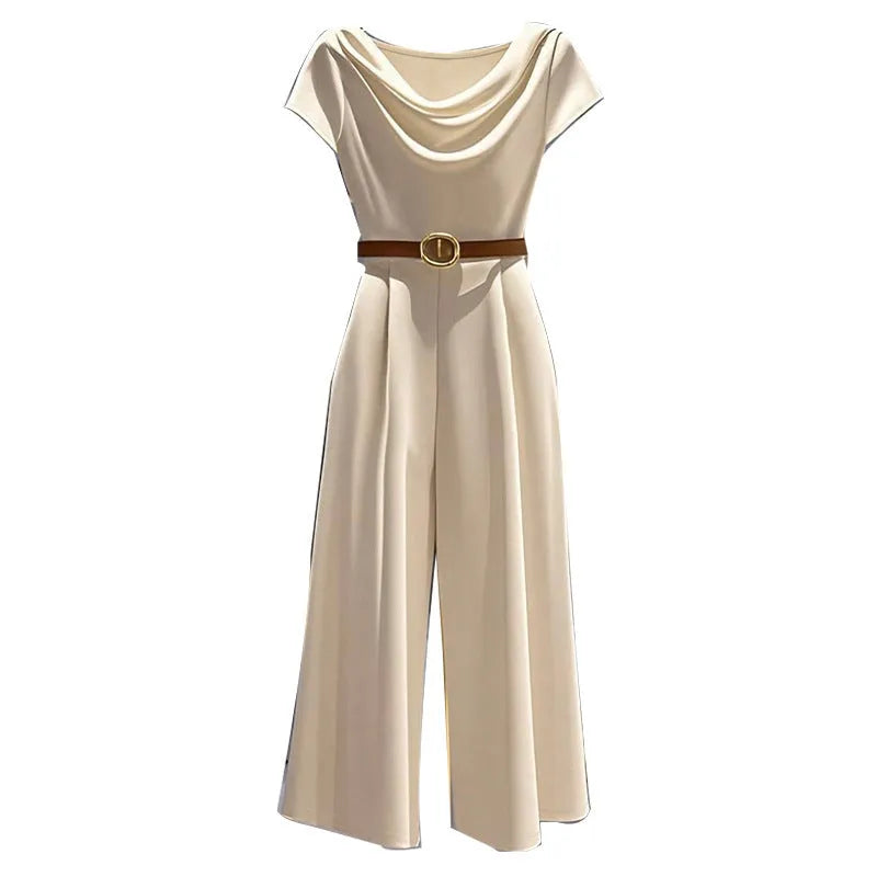 Apricot satin wide-leg jumpsuit with mid-waist and quarter sleeves on a model
