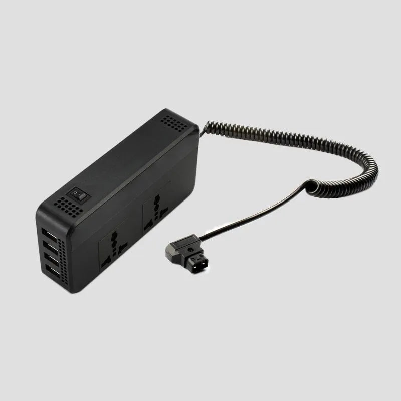 Automotive power inverter with PC fireproof housing showing AC and USB outputs, 149x74x35mm
