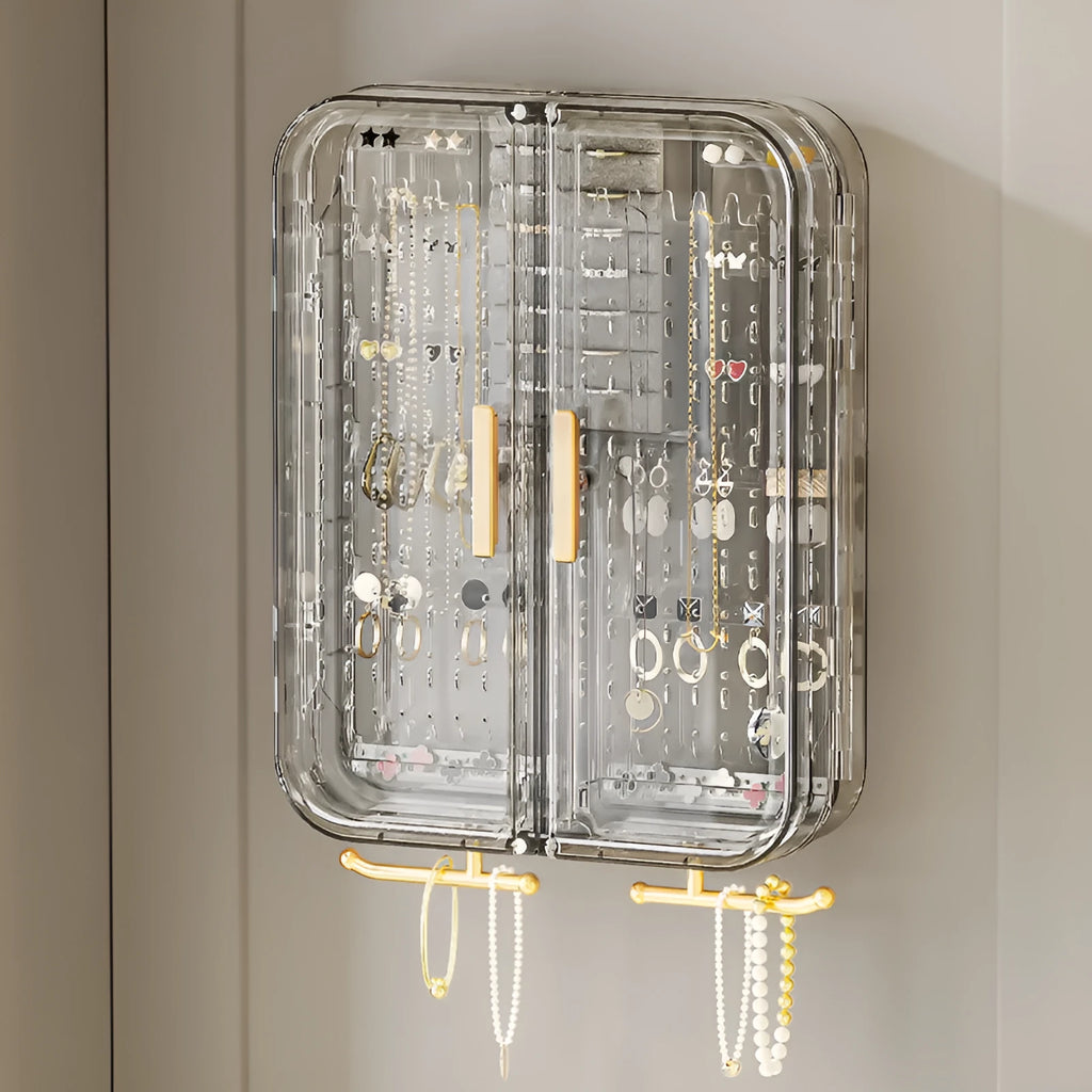 Wall-mounted plastic jewelry storage box with over 8 layers in peach pink or transparent gray