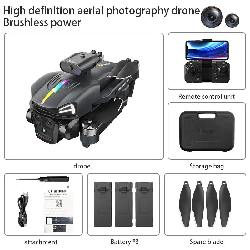 C15 three cameras 4K HD drone dark grey plastic metal construction with propeller blades on table