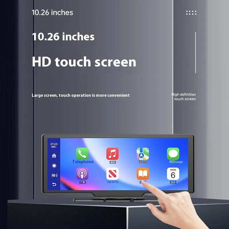 10 inch car touch screen with Carplay display showing navigation and driving recorder footage.