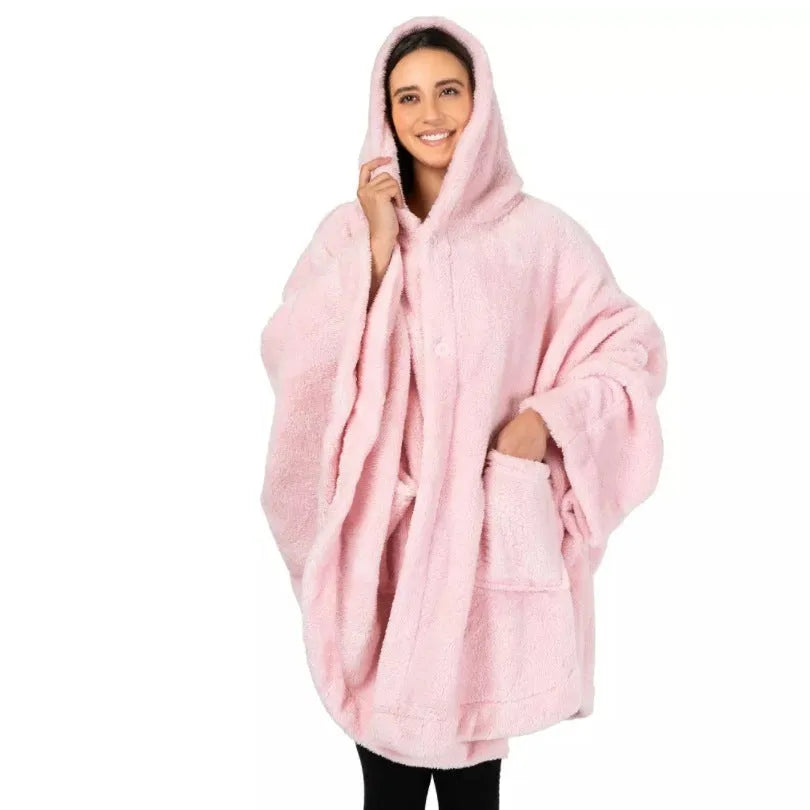 A thick free size hooded bathrobe in black, shown on a hanger.