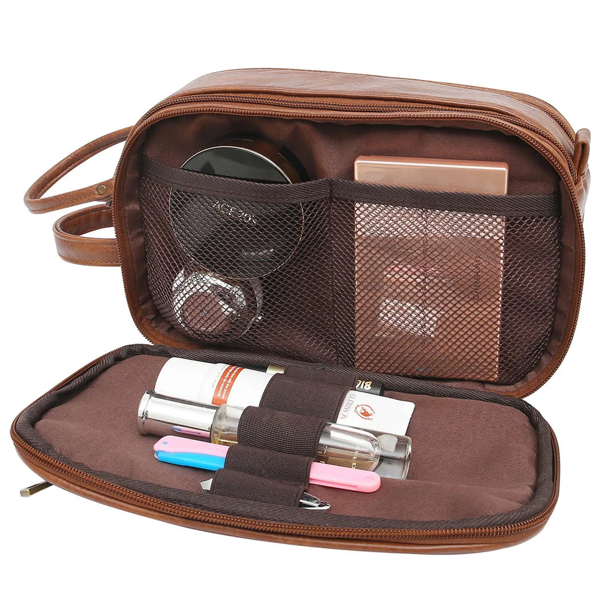 Black and brown solid colour men's PU leather toiletry bag for travel.