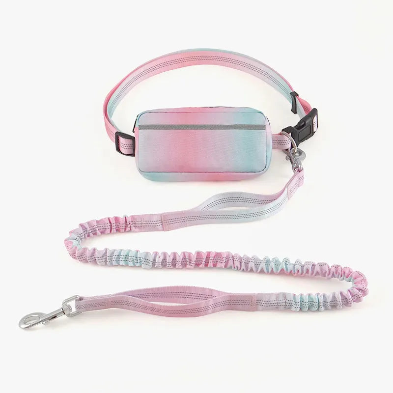 Blue hands-free dog leash with adjustable waist belt and traction rope for walking and running