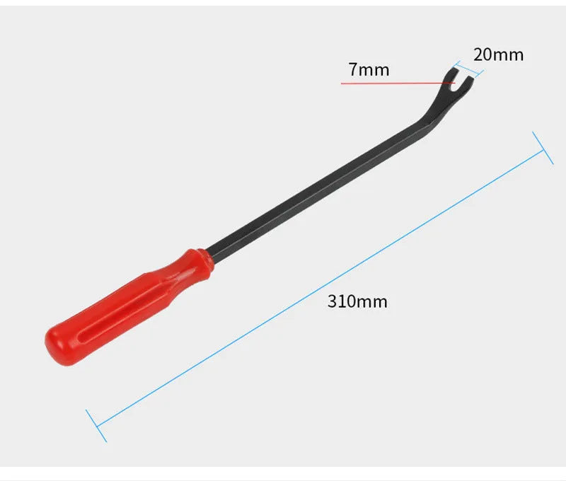Red handle automotive clip driver tool for GM vehicle door panel installation with light switch pliers