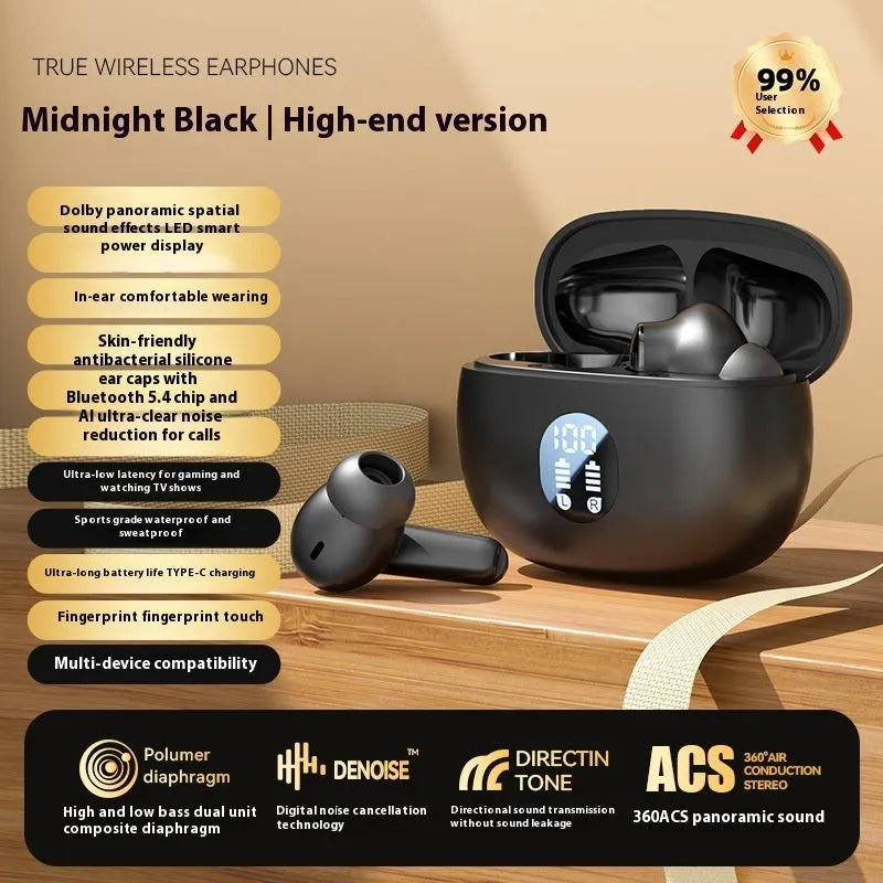 Wireless in-ear sports headset with noise reduction, waterproof PC ABS design, digital display, shown in black
