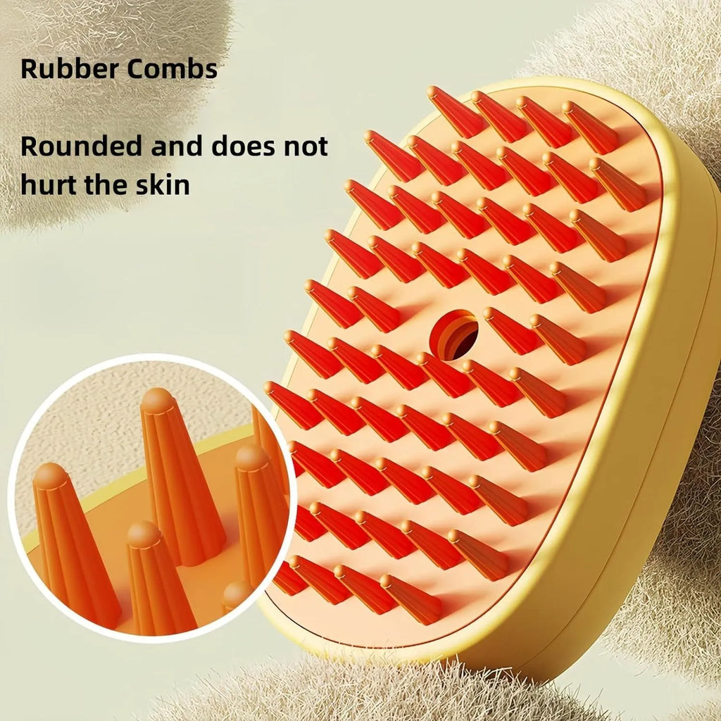 White rechargeable steam brush for cats and dogs with silicone grooming teeth and water tank