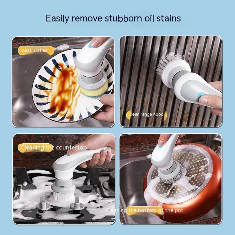 White cordless electric cleaning brush with multiple brush heads on storage bracket