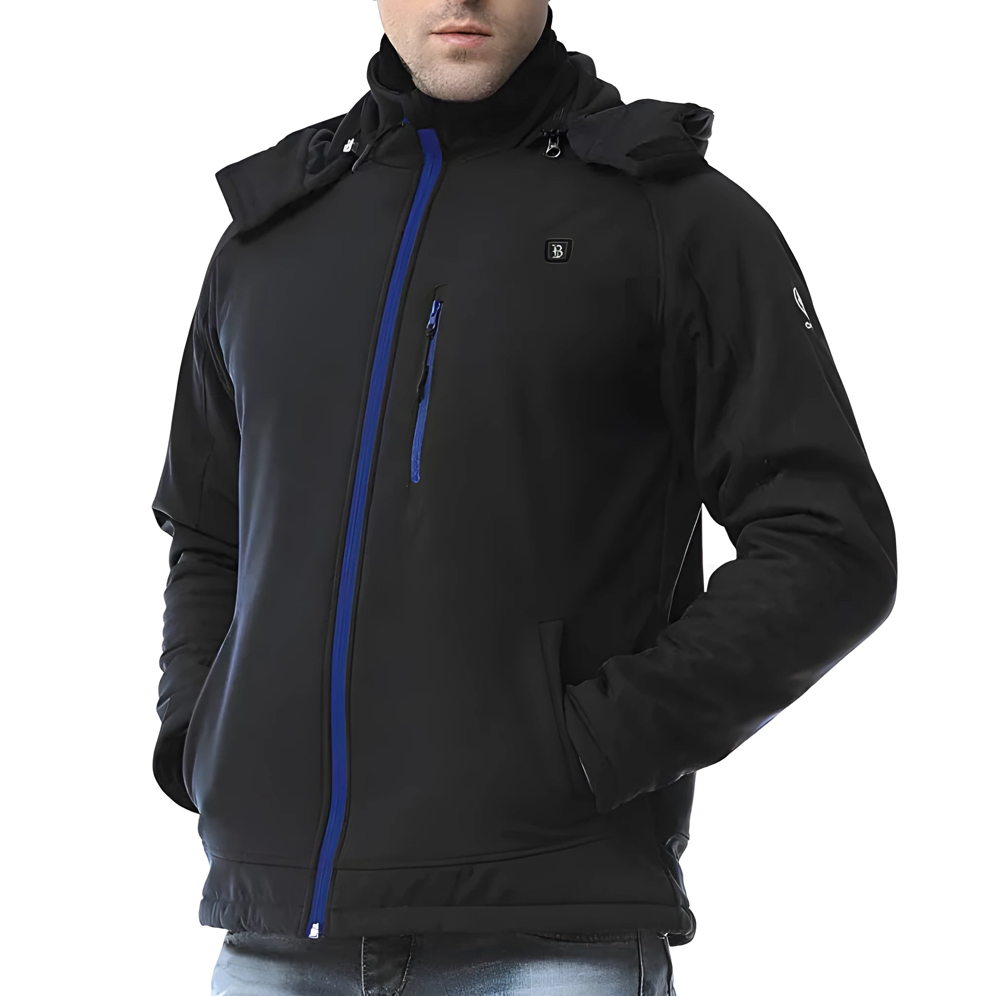 Black men's USB heated winter coat with long sleeves, zipper pockets, and straight hem on a man outdoors.