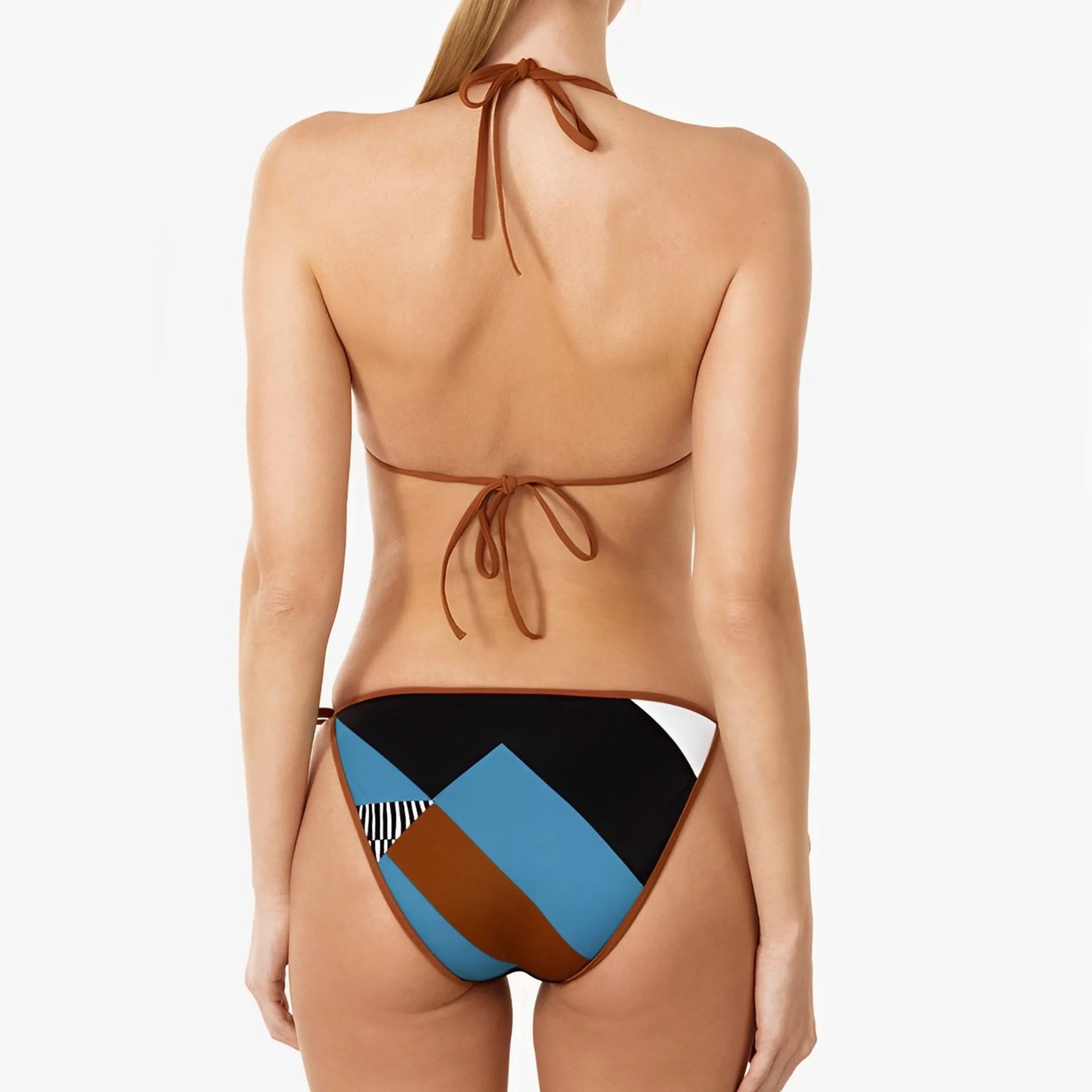 Skinny fit print bikini set in picture colour, showing backless and sleeveless design.