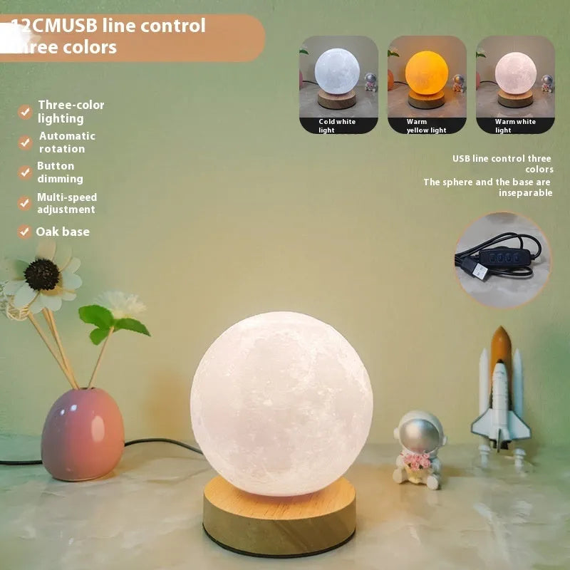Rotating moon night light on a wooden base with a wire remote, shown in three available sizes.