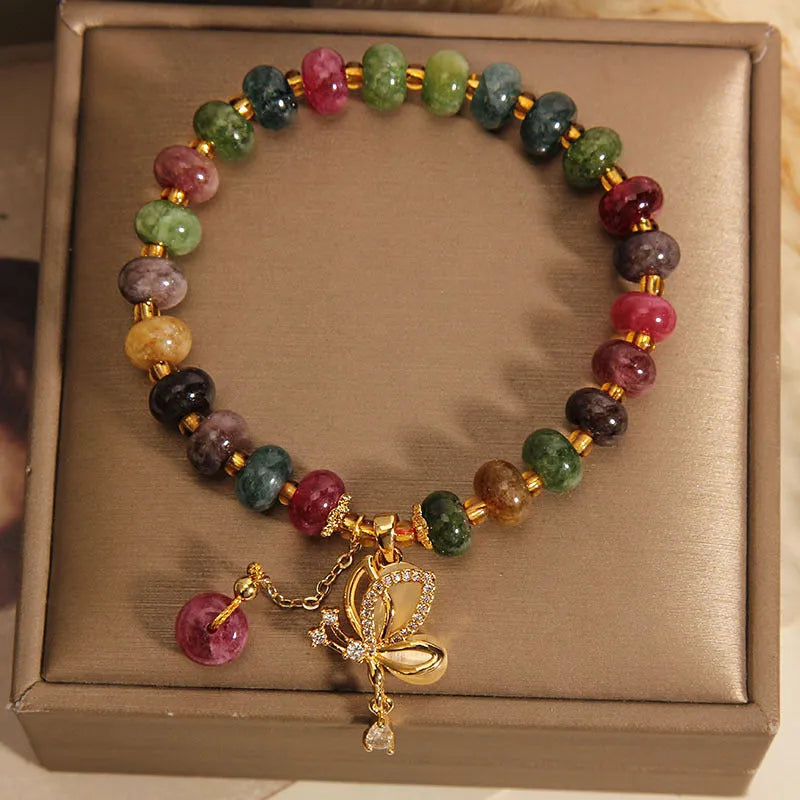 Colourful women's bracelet with alloy butterfly charm and tourmaline beads for casual wear