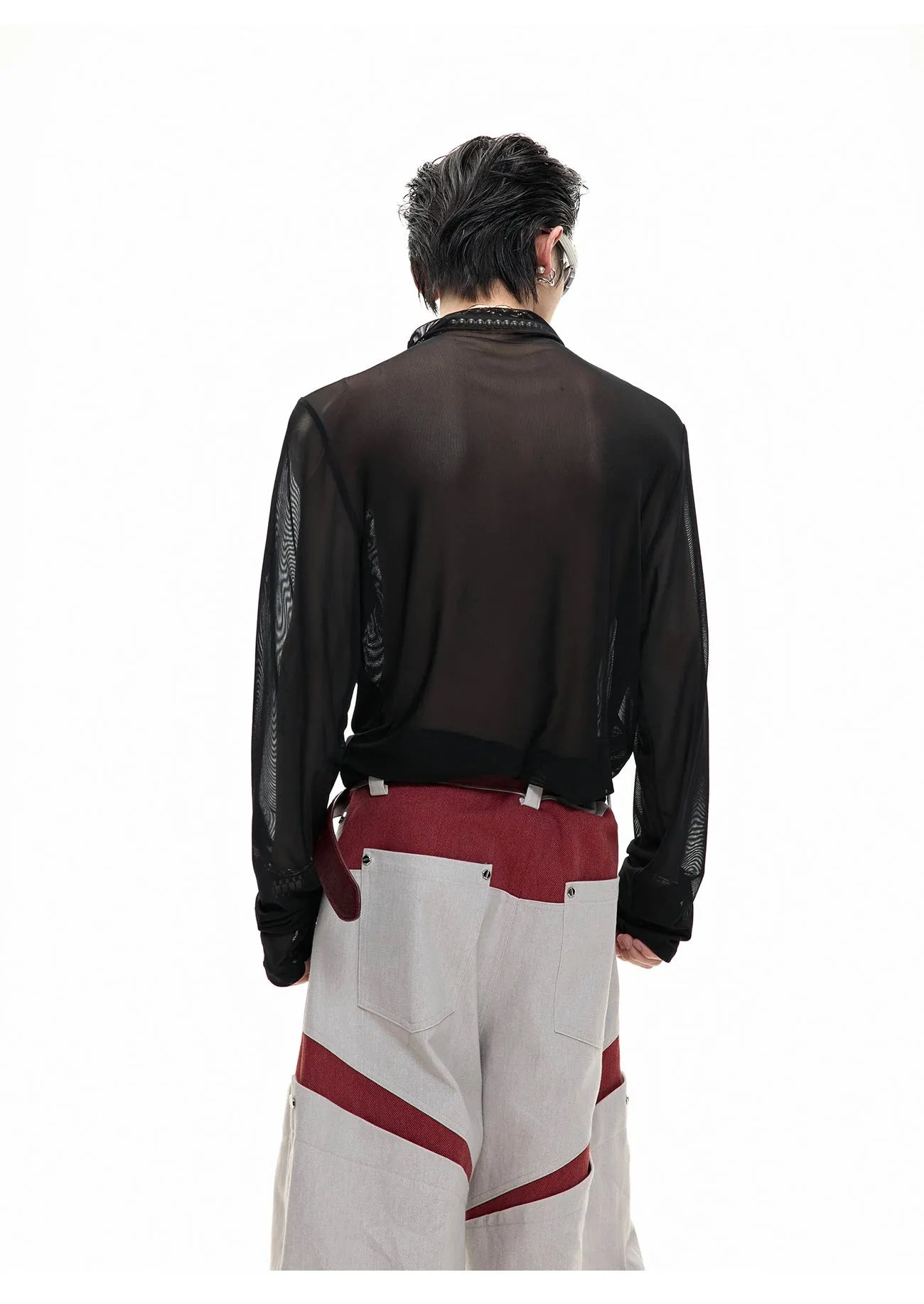 Men's black mesh long-sleeve shirt with a slim, close-fitting bottoming cut on a model.