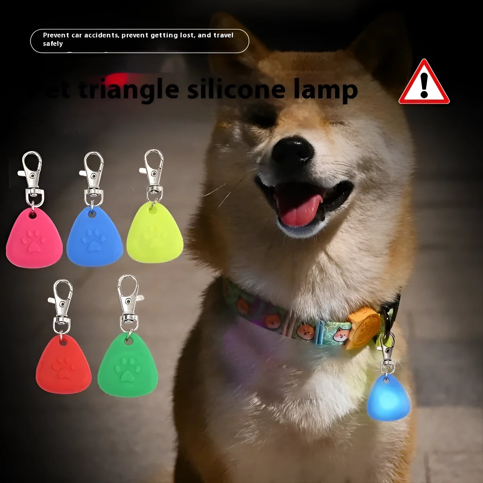 Silicone triangle light-up pendant pet ornament in red, pink, blue, green, or yellow colours.