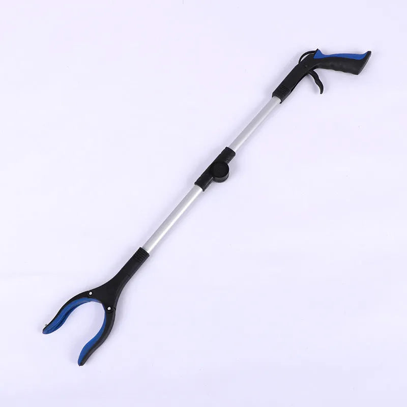 Foldable silver aluminium garbage clamp with blue handle, shown extended and with magnet sucker.