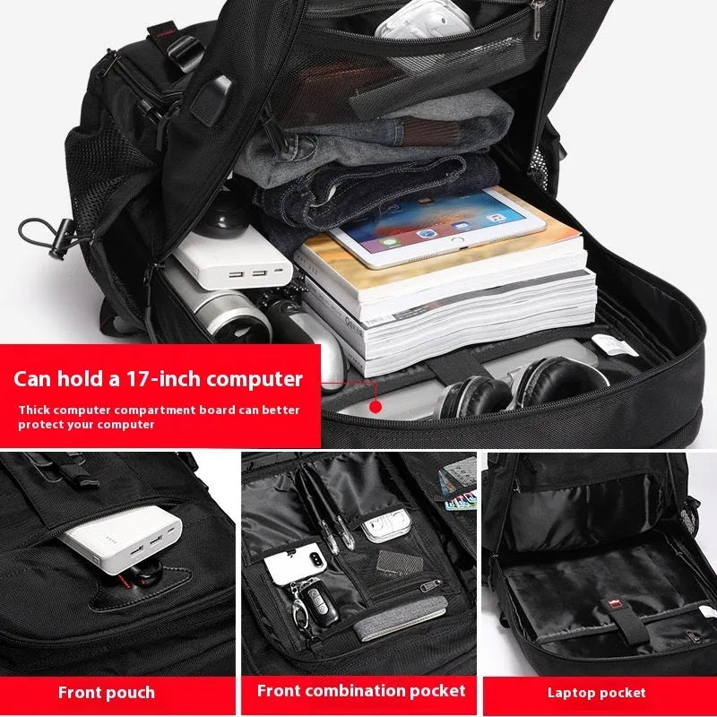 Black men's backpack, 56-75L Oxford cloth, waterproof, USB interface, extended storage