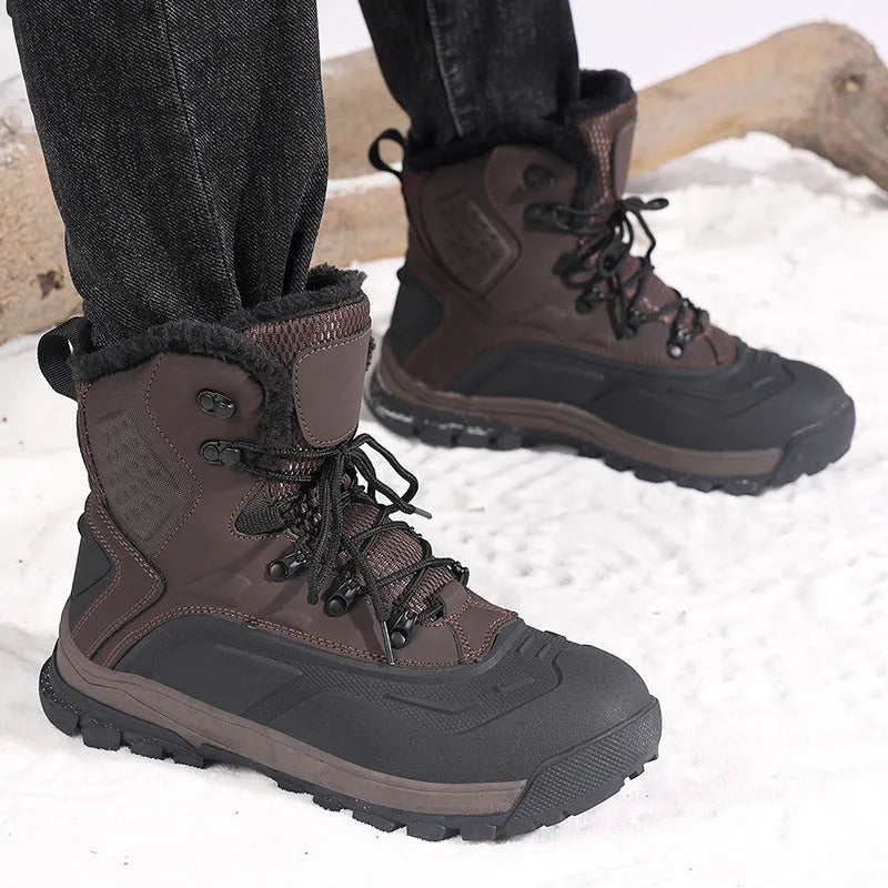 Men's black high-top lace-up winter boots with fleece lining, shown on a size label scale from 39 to 48.