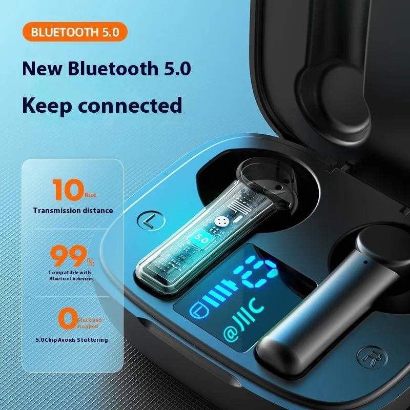 Black white and pink waterproof Bluetooth sports earbuds with charging bin and LED display