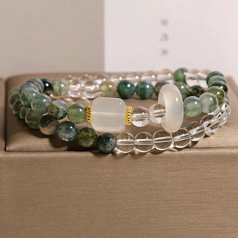 Green grass agate crystal bracelet for women with double circle white agate cube sugar flexible ring