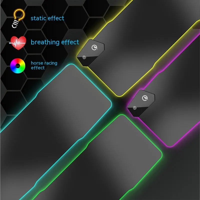 Black Mech-style cloth gaming mouse mat with luminous electric effect, showing TYPC port and non-slip rubber base.