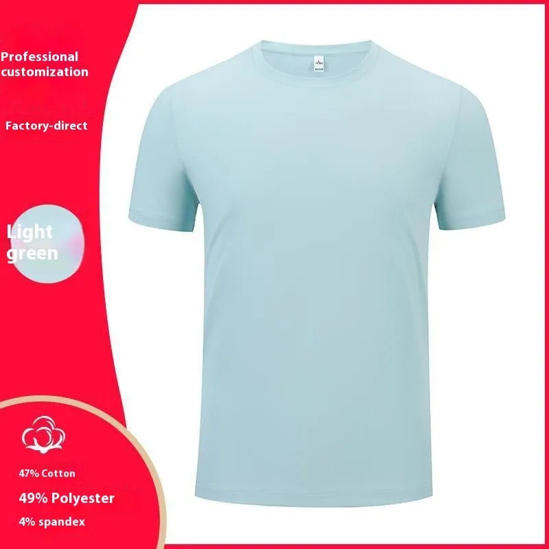 Washed cotton round neck T-shirt in a solid colour on a hanger, showing short sleeves and straight cut.