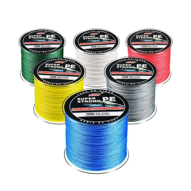 Dali Mayu 300 metre PE fishing line reel in assorted colours on a white background