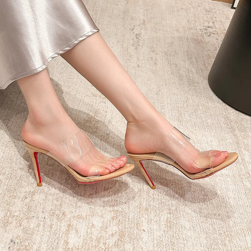 Women's transparent ankle strap stiletto sandals with 8cm heel in black and apricot colour options
