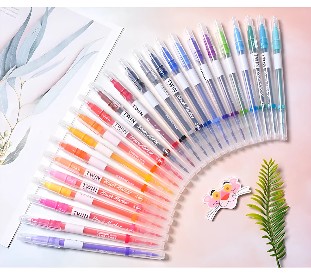 Calligraphy art hair note pen set with 12 coloured fine tip markers on white background