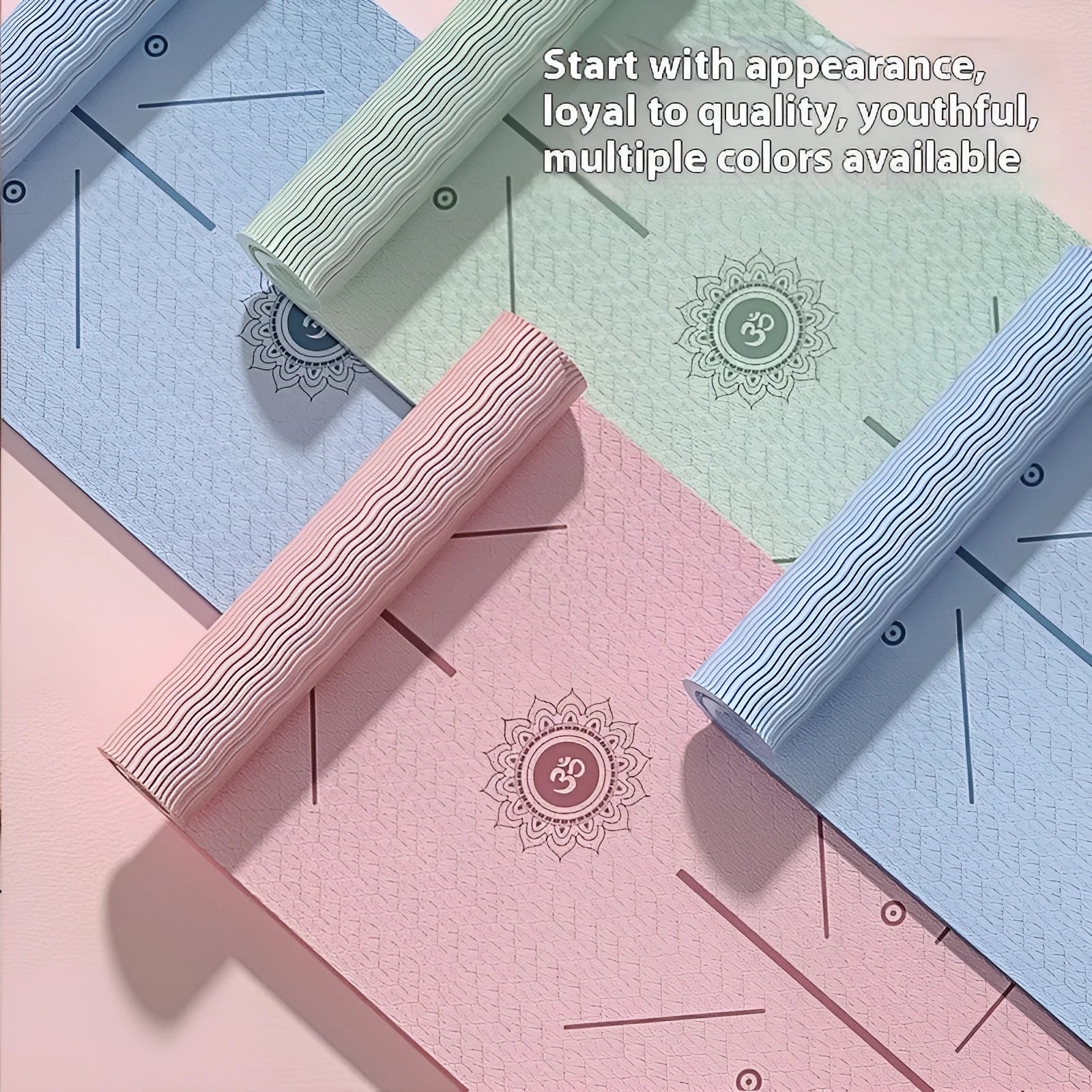 TPE fitness training mat in mint green with alignment guide lines, shown rolled out at 190cm long
