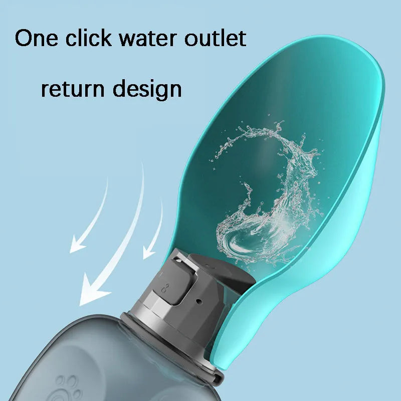 Blue grey portable dog water bottle with foldable drinking bowl showing 800ml capacity