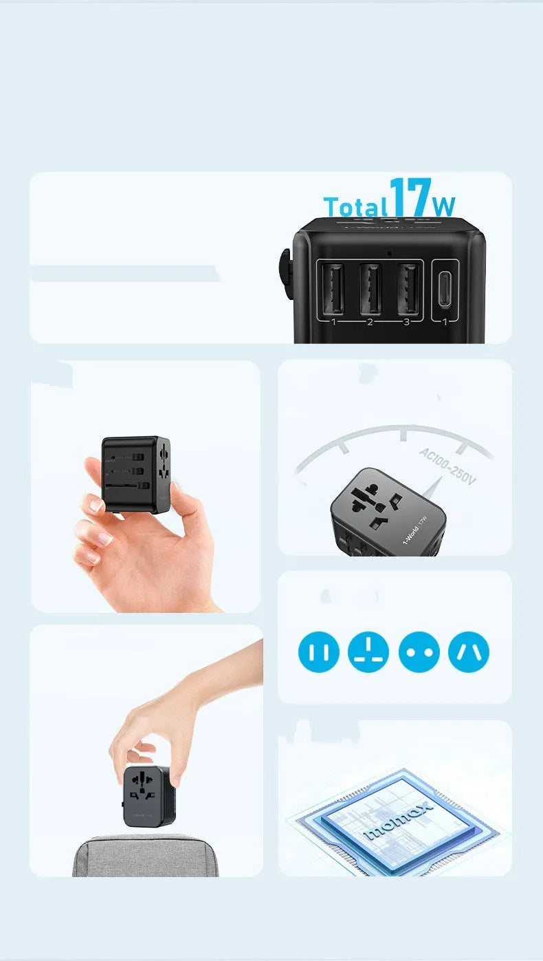 Universal travel adapter UA12 with 4 outlets and USB ports, black, 70x64x48mm