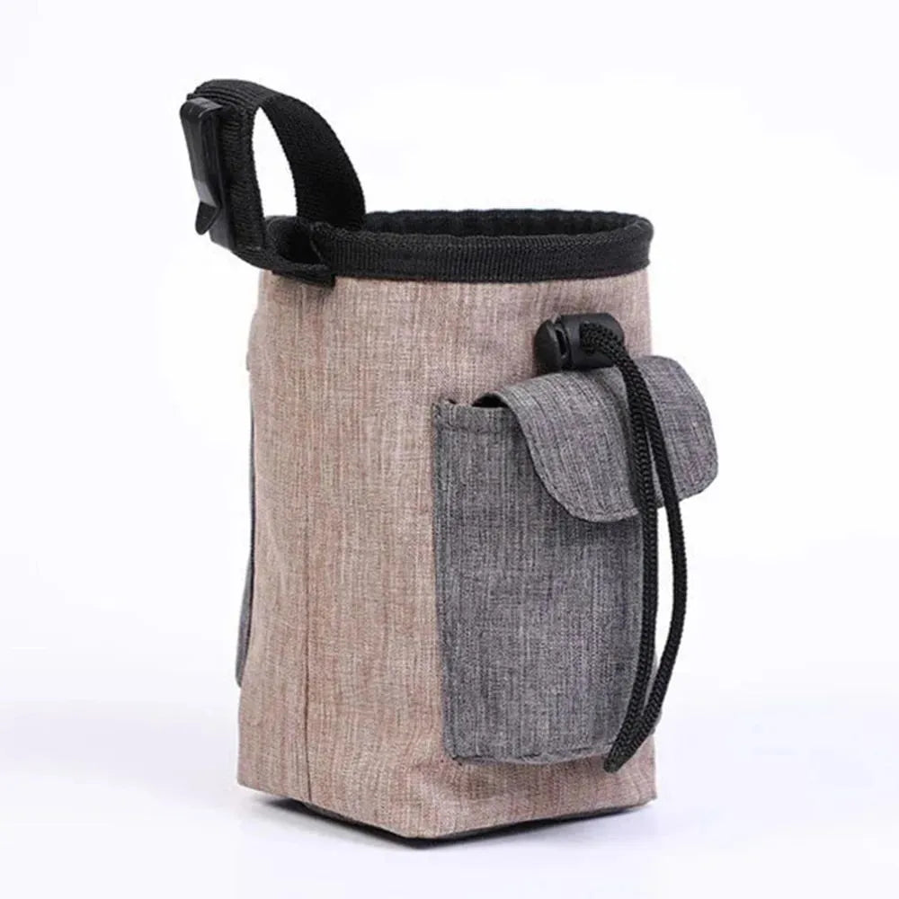 Adjustable elastic pet waist bag in blue colour with waterproof cloth compartments and plastic side clips