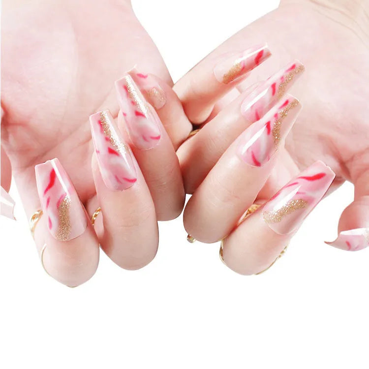 One Second Wearable Manicure press-on nails in blush colour with rose, tulip, and leopard print patterns, medium length