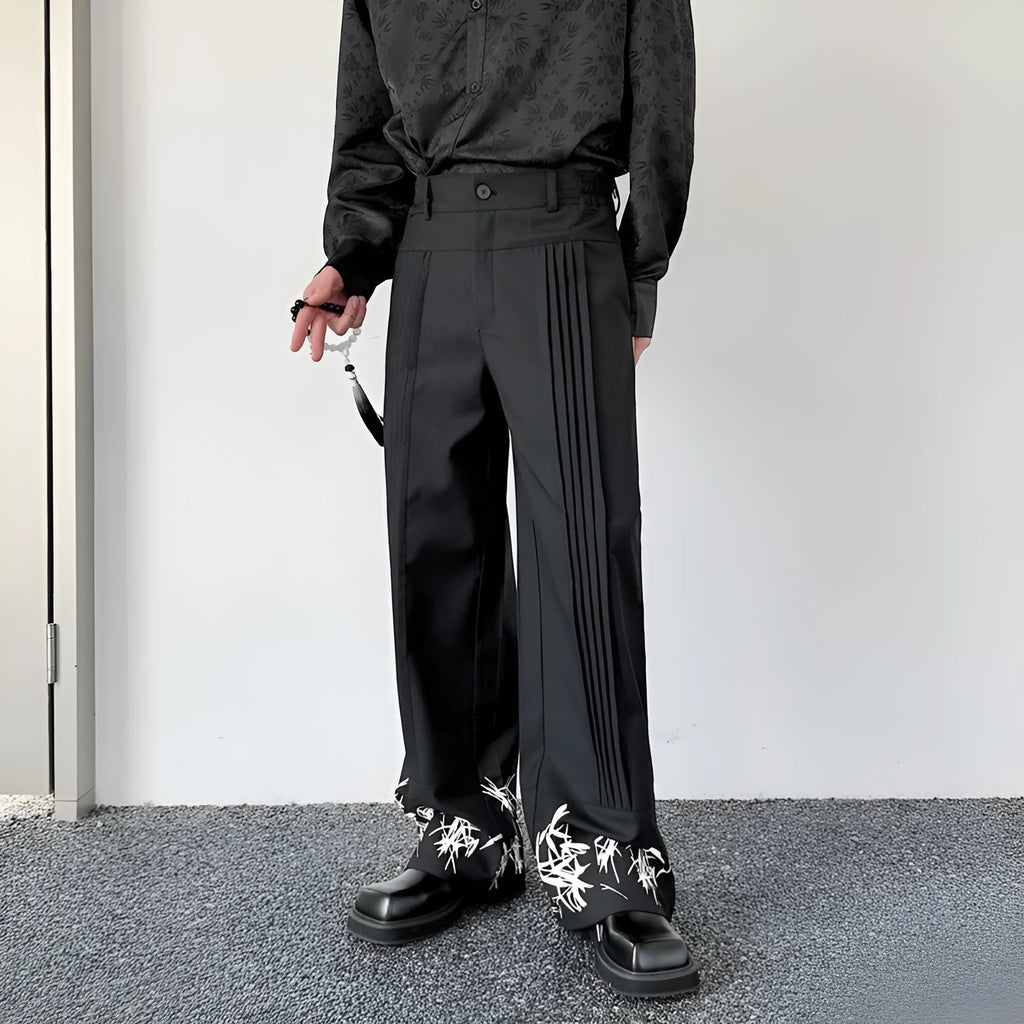 Black pleated wide leg trousers with straight cut, medium elastic waist and fold craft, sizes M L XL