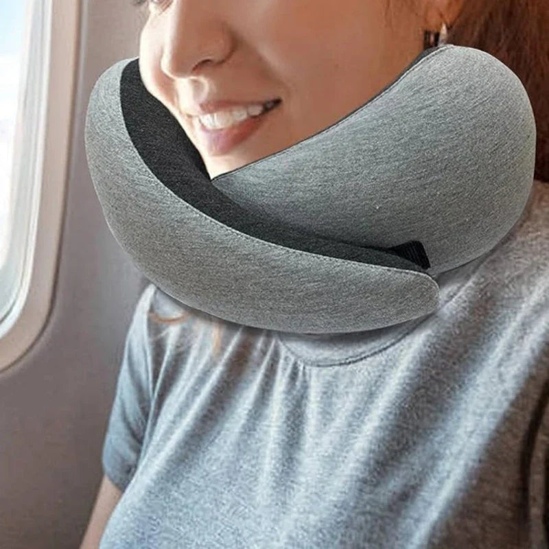 Ergonomic memory foam travel neck pillow with U-shaped design for comfortable neck support during flights and commutes