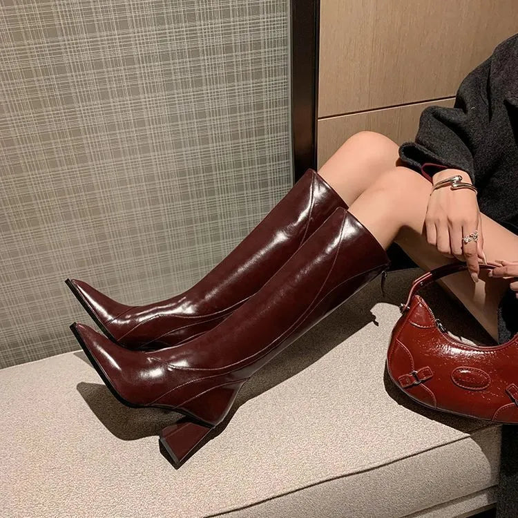 Retro Maillard tube high heel riding boots in cowhide leather with waterproof platform