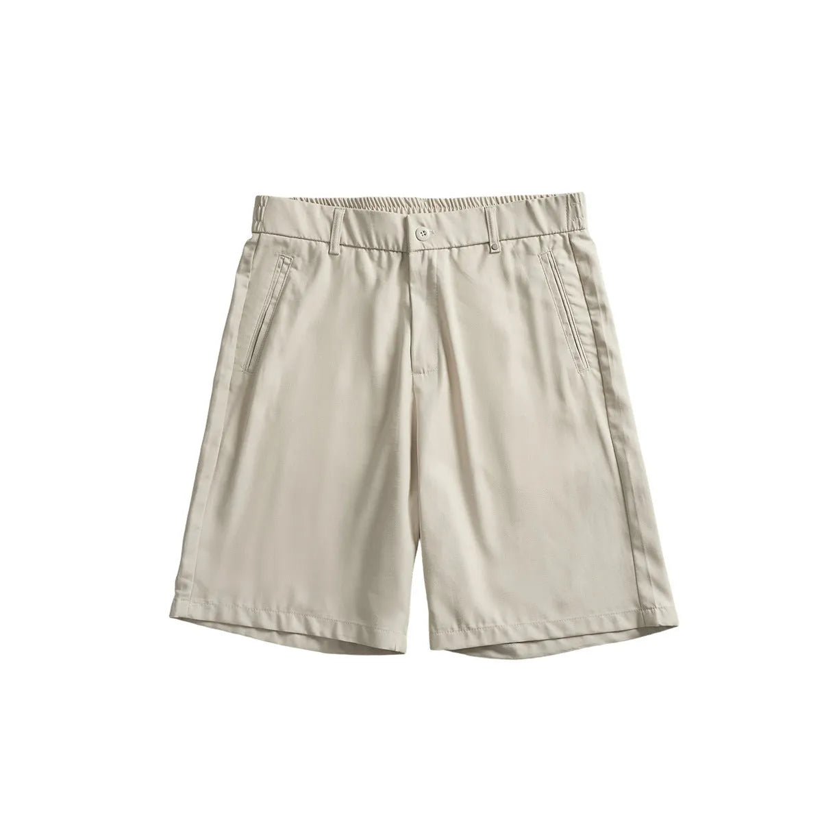 A pair of men's apricot coloured casual shorts made from cotton-blend lyocell fabric, showing a loose fit.