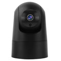 White indoor PTZ security camera on a stand with 360-degree rotation and two-way audio microphone.